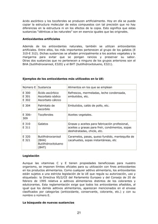 ácido ascórbico y los tocoferoles se producen artificialmente. Hoy en día se puede
copiar la estructura molecular de estos compuestos con tal precisión que no hay
diferencias en la estructura ni en los efectos de la copia. Esto significa que estas
sustancias “idénticas a las naturales” son en esencia iguales que las originales.
Antioxidantes artificiales
Además de los antioxidantes naturales, también se utilizan antioxidantes
artificiales. Entre ellos, los más importantes pertenecen al grupo de los galatos (E
310-E 312). Dichas sustancias se añaden principalmente a los aceites vegetales y la
margarina para evitar que se pongan rancios y preservar su sabor.
Otras dos sustancias que no pertenecen a ninguno de los grupos anteriores son el
BHA (butilhidroxianisol, E320) y el BHT (butilhidroxitolueno, E321).
Ejemplos de los antioxidantes más utilizados en la UE:
Número E Sustancia Alimentos en los que se emplean
E 300
E 301
E 302
Ácido ascórbico
Ascorbato sódico
Ascorbato cálcico
Refrescos, mermeladas, leche condensada,
embutidos, etc.
E 304 Palmitato de
ascorbilo
Embutidos, caldo de pollo, etc.
E 306-
309
Tocoferoles Aceites vegetales.
E 310
E 311
Galatos Grasas y aceites para fabricación profesional,
aceites y grasas para freír, condimentos, sopas
deshidratadas, chicle, etc.
E 320
E 321
Butilhidroxianisol
(BHA)
Butilhidroxitolueno
(BHT)
Caramelos, pasas, queso fundido, mantequilla de
cacahuetes, sopas instantáneas, etc
Legislación
Aunque las vitaminas C y E tienen propiedades beneficiosas para nuestro
organismo, se imponen límites oficiales para su utilización con fines antioxidantes
en los productos alimentarios. Como cualquier aditivo alimentario, los antioxidantes
están sujetos a una estricta legislación de la UE que regula su autorización, uso y
etiquetado: la Directiva 95/2/CE del Parlamento Europeo y del Consejo de 20 de
febrero de 1995 relativa a aditivos alimentarios distintos de los colorantes y
edulcorantes. Esta reglamentación exige que todos los antioxidantes añadidos, al
igual que los demás aditivos alimentarios, aparezcan mencionados en el envase
clasificados por categorías (antioxidante, conservante, colorante, etc.) y con su
nombre o número E.
La búsqueda de nuevas sustancias
21
 