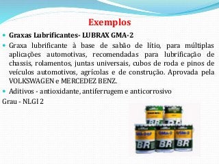 Exemplos
 Graxas Lubrificantes- LUBRAX GMA-2
 Graxa lubrificante à base de sabão de lítio, para múltiplas
aplicações automotivas, recomendadas para lubrificação de
chassis, rolamentos, juntas universais, cubos de roda e pinos de
veículos automotivos, agrícolas e de construção. Aprovada pela
VOLKSWAGEN e MERCEDEZ BENZ.
 Aditivos - antioxidante, antiferrugem e anticorrosivo
Grau - NLGI 2
 
