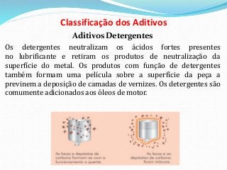 Classificação dos Aditivos
Aditivos Detergentes
Os detergentes neutralizam os ácidos fortes presentes
no lubrificante e retiram os produtos de neutralização da
superfície do metal. Os produtos com função de detergentes
também formam uma película sobre a superfície da peça a
previnem a deposição de camadas de vernizes. Os detergentes são
comumente adicionados aos óleos de motor.
 