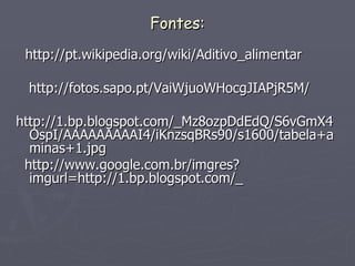 Fontes: http://pt.wikipedia.org/wiki/Aditivo_alimentar http://fotos.sapo.pt/VaiWjuoWHocgJIAPjR5M/ http://1.bp.blogspot.com/_Mz8ozpDdEdQ/S6vGmX4OspI/AAAAAAAAAI4/iKnzsqBRs90/s1600/tabela+aminas+1.jpg http://www.google.com.br/imgres?imgurl=http://1.bp.blogspot.com/_ 