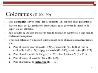 Colorantes (E100-199)
 Los colorantes sirven para dar a alimento un aspecto más presentable.
 Existen más de 22 productos autorizados para colorear la masa o la
superficie del alimento.
 Seis de ellos se utilizan exclusivas para la coloración superficial y uno para la
corteza de los quesos.
 Unos son naturales y otros son sintéticos, de estos últimos los más frecuentes
son:
 Para el rojo: la azorrubina (E - 122), el amaranto (E - 123), el rojo de
cochinilla A (E - 124), el pigmento rubí (E - 180), la eritrocina (E - 127).
 Para el azul: carmín de índigo (E - 132), el azul patente V (E - 131).
 Para el verde: el verde brillante (E - 142).
 Para el amarillo: la tartrazina (E – 102)
27
 