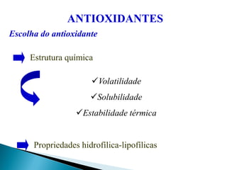Estrutura química
Volatilidade
Solubilidade
Estabilidade térmica
ANTIOXIDANTES
Escolha do antioxidante
Propriedades hidrofílica-lipofílicas
 
