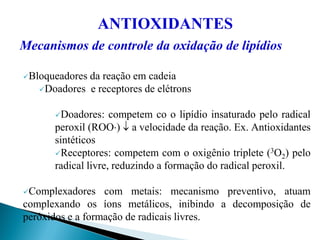 ANTIOXIDANTES
Mecanismos de controle da oxidação de lipídios
Bloqueadores da reação em cadeia
Doadores e receptores de elétrons
Doadores: competem co o lipídio insaturado pelo radical
peroxil (ROO)  a velocidade da reação. Ex. Antioxidantes
sintéticos
Receptores: competem com o oxigênio triplete (3O2) pelo
radical livre, reduzindo a formação do radical peroxil.
Complexadores com metais: mecanismo preventivo, atuam
complexando os íons metálicos, inibindo a decomposição de
peróxidos e a formação de radicais livres.
 