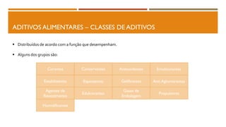 ADITIVOS ALIMENTARES – CLASSES DE ADITIVOS
 Distribuídos de acordo com a função que desempenham.
 Alguns dos grupos são:
Corantes
Humidificantes
Anti Aglomerantes
Edulcorantes
Agentes de
Revestimento
Gelificantes
Conservantes
Estabilizantes Espessantes
Gases de
Embalagem
Antioxidantes
Propulsores
Emulsionantes
 