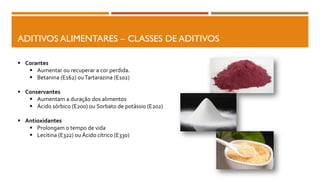 ADITIVOS ALIMENTARES – CLASSES DE ADITIVOS
 Corantes
 Aumentar ou recuperar a cor perdida.
 Betanina (E162) ouTartarazina (E102)
 Conservantes
 Aumentam a duração dos alimentos
 Ácido sórbico (E200) ou Sorbato de potássio (E202)
 Antioxidantes
 Prolongam o tempo de vida
 Lecitina (E322) ou Ácido cítrico (E330)
 