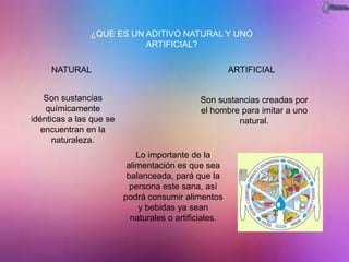 ¿QUE ES UN ADITIVO NATURAL Y UNO
ARTIFICIAL?
NATURAL ARTIFICIAL
Son sustancias
químicamente
idénticas a las que se
encuentran en la
naturaleza.
Son sustancias creadas por
el hombre para imitar a uno
natural.
Lo importante de la
alimentación es que sea
balanceada, pará que la
persona este sana, así
podrá consumir alimentos
y bebidas ya sean
naturales o artificiales.
 