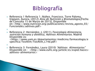  Referencia 1 Referencia 1: Ibáñez, Francisco, Torre Paloma,
Irigoyen, Aurora. (2012) Área de Nutrición y Bromatología,[Fecha
de Consulta 15 de Marzo de 2015]. Disponible
en:<http://www.nutricion.org/publicaciones/revista_agosto_03/
Funcionales/aditivos.pdf>

 Referencia 2: Hernández, J. (2011).Toxicología Alimentaria,
nutrición humana y dietética, Aditivos Alimentarios. Madrid
Disponible es:
<https://www.uam.es/departamentos/medicina/farmacologia/e
specifica/ToxAlim/ToxAlim_L14d.pdf>

 Referencia 3: Fernández, Laura (2010) “Aditivos Alimentarios”
Disponible en : <http://www.eufic.org/jarticle/es/expid/basics-
aditivos-alimentarios>
 