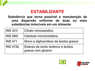 ESTABILIZANTE
Substância que torna possível a manutenção de
uma dispersão uniforme de duas ou mais
substâncias imiscíveis em um alimento
Ésteres de ácido tartárico e ácidos
graxos com glicerol
Mono e diglicerídeos de ácidos graxos
Celulose microcristalina
Citrato monossódico
INS 460i
INS 471
INS 472b
INS 331i
 