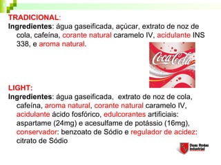 TRADICIONAL:
Ingredientes: água gaseificada, açúcar, extrato de noz de
cola, cafeína, corante natural caramelo IV, acidulante INS
338, e aroma natural.
LIGHT:
Ingredientes: água gaseificada, extrato de noz de cola,
cafeína, aroma natural, corante natural caramelo IV,
acidulante ácido fosfórico, edulcorantes artificiais:
aspartame (24mg) e acesulfame de potássio (16mg),
conservador: benzoato de Sódio e regulador de acidez:
citrato de Sódio
 