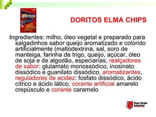 DORITOS ELMA CHIPS
Ingredientes: milho, óleo vegetal e preparado para
salgadinhos sabor queijo aromatizado e colorido
artificialmente (maltodextrina, sal, soro de
manteiga, farinha de trigo, queijo, açúcar, óleo
de soja e de algodão, especiarias, realçadores
de sabor: glutamato monossódico, inosinato
dissódico e guanilato dissódico, aromatizantes,
reguladores de acidez: fosfato dissódico, ácido
cítrico e ácido lático, corante artificial amarelo
crepúsculo e corante caramelo
 