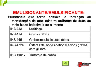 EMULSIONANTE/EMULSIFICANTE:
Substância que torna possível a formação ou
  manutenção de uma mistura uniforme de duas ou
  mais fases imiscíveis no alimento
 INS 322     Lecitinas
 INS 414     Goma arábica
 INS 466     Carboximetilceluluse sódica
 INS 472a    Ésteres de ácido acético e ácidos graxos
             com glicerol
 INS 1001v   Tartarato de colina
 