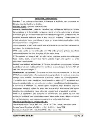 www.cenne.com.br Página 26
Informações Complementares
Função:- É um poderoso anti-ozonante, anti-oxidante e anti-fadiga para compostos em
Borracha Natural e Elastômeros Sintéticos
Influência na cor:- Apresenta efeito manchante
Aplicação / Propriedades: Usado em compostos para componentes pneumáticos, correias
transportadoras e de transmissão, mangueiras, coxins e buchas automotivos, e artefatos
técnicos em geral que necessitam de superior resistência anti-degradante quando expostos em
ambientes altamente agressivos devida a ação de ozônio e oxigênio. Também oferece ao
artefato vulcanizado ótimas propriedades de operar em temperaturas mais elevadas, ( dentro
das características de cada polímero ).
Comparativamente, o IPPD é de superior eficácia protetora, do que os aditivos da família das
quinolinas e das simples difenilaminas.
IPPD usado sozinho ou em combinação com TMQ ainda apresenta proteção aos efeitos
catalíticos provocados por cobre, manganês e outros metais ativos.
IPPD empregado em teores de até 2 phr, não interfere na adesão a substratos metálicos ou
fibras testeis, porém, concentrações maiores poderão migrar para superfície de união
provocando o descolamento.
Contato com produtos alimentícios:- IPPD pode ser usado em compostos para artefatos
que terão contato com produtos alimentícios atendendo as especificações da norma FDA 21
CFR 177. 2600 para categoria 4.
Considerações no Composto: Compostos em borracha contendo teores de 1 a 3 phr de
IPPD oferecem aos artefatos vulcanizados excelentes propriedades de resistência ao ozônio e
à fadiga. Teores acima de 3 phr incrementam muito pouco a melhora nas citadas propriedades.
Em artefatos técnicos para trabalho em condições estáticas, além do IPPD, ainda Ceras anti-
ozonantes, se adicionadas aos compostos, incrementam a proteção aos efeitos de degradação.
A combinação de IPPD com TMQ oferece superior proteção ao ataque de ozônio, oxigênio e
incrementa a resistência à fadiga por flexão, pois, tende a reduzir a geração de calor advindo
de atritos inter-moleculares na massa polimérica, proporcionando longa vida útil ao artefato.
IPPD não é recomendado para compostos de policloropreno, pois, poderá provocar certa
ativação do sistema de cura, comprometendo assim a estabilidade de estocagem do composto
cru e ainda reduzindo a segurança de processamento na conformação do artefato.
Algumas sugestões de uso em compostos de:-
Lateral de pneus:- 2 a 4 phr de IPPD + 1 a 2 phr de TMQ + 1 a 3 phr de Cera anti-ozonante.
Correias Transp. Cobertura; NR / SBR :- 1 a 2 phr de IPPD + 1 phr de TMQ
Coxins automotivos em NR :- 1 a 2 phr de IPPD + 0,2 a 1 phr de TMQ
 