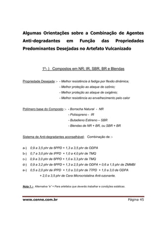 www.cenne.com.br Página 45
Algumas Orientações sobre a Combinação de Agentes
Anti-degradantes em Função das Propriedades
Predominantes Desejadas no Artefato Vulcanizado
1º- ) Compostos em NR; IR, SBR, BR e Blendas
Propriedade Desejada :- - Melhor resistência à fadiga por flexão dinâmica;
- Melhor proteção ao ataque de ozônio;
- Melhor proteção ao ataque de oxigênio;
- Melhor resistência ao envelhecimento pelo calor
Polímero base do Composto :- - Borracha Natural - NR
- Polisopreno - IR
- Butadieno Estireno – SBR
- Blendas de NR + BR, ou SBR + BR
Sistema de Anti-degradantes aconselhável; Combinação de :-
a-) 0,9 a 3,5 phr de 6PPD + 1,3 a 3,5 phr de ODPA
b-) 0,7 a 3,0 phr de IPPD + 1,0 a 4,0 phr de TMQ
c-) 0,9 a 3,0 phr de 6PPD + 1,0 a 3,3 phr de TMQ
d-) 0,9 a 3,2 phr de 6PPD + 1,3 a 2,5 phr de ODPA + 0,6 a 1,5 phr de ZMMBI
e-) 0,5 a 2,0 phr de IPPD + 1,0 a 3,0 phr de 77PD + 1,0 a 3,0 de ODPA
+ 2,0 a 3,5 phr de Cera Microcristalina Anti-ozonante.
Nota 1 :- Alternativa “e” = Para artefatos que deverão trabalhar e condições estáticas.
 