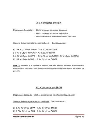 www.cenne.com.br Página 46
2º-) Compostos em NBR
Propriedade Desejada :- - Melhor proteção ao ataque de ozônio;
- Melhor proteção ao ataque de oxigênio;
- Melhor resistência ao envelhecimento pelo calor.
Sistema de Anti-degradantes aconselhável; Combinação de:-
f-) 0,6 a 2,0 phr de 6PPD + 0,8 a 2,3 phr de ODPA
g-) 0,3 a 1,5 phr de ODPA + 1,2 a 2,0 phr de MTI
h-) 0,3 a 0,7 phr de 6PPD + 1,5 a 2,0 phr de ZMMBI + 0,7 a 1,8 phr de ODPA
i-) 0,7 a 1,3 phr de TMQ + 0,9 a 1,5 phr de ZMMBI
Nota 2 :- Alternativa “i” = Sistema de proteção para obter melhores resultados de resistência ao
envelhecimento pelo calor e mais indicado para compostos em NBR que deverão ser curados por
peróxidos.
3º-) Compostos em EPDM
Propriedade desejada:- Melhor resistência ao envelhecimento pelo calor.
Sistema de Anti-degradantes aconselhável; Combinação de:-
j-) 0,9 a 1,2 phr de ODPA + 1,2 a 2,5 phr de ZMMBI
l-) 0,75 a 2,0 phr de TMQ + 3,0 a 6,0 phr de ZMMBI
 