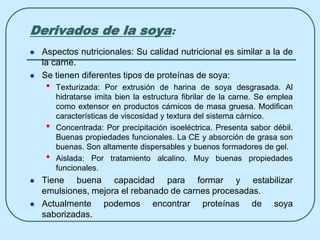 Derivados de la soya:
 Aspectos nutricionales: Su calidad nutricional es similar a la de
la carne.
 Se tienen diferentes tipos de proteínas de soya:
• Texturizada: Por extrusión de harina de soya desgrasada. Al
hidratarse imita bien la estructura fibrilar de la carne. Se emplea
como extensor en productos cárnicos de masa gruesa. Modifican
características de viscosidad y textura del sistema cárnico.
• Concentrada: Por precipitación isoeléctrica. Presenta sabor débil.
Buenas propiedades funcionales. La CE y absorción de grasa son
buenas. Son altamente dispersables y buenos formadores de gel.
• Aislada: Por tratamiento alcalino. Muy buenas propiedades
funcionales.
 Tiene buena capacidad para formar y estabilizar
emulsiones, mejora el rebanado de carnes procesadas.
 Actualmente podemos encontrar proteínas de soya
saborizadas.
 