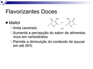 Flavorizantes Doces Maltol Imita caramelo Aumenta a percepção do sabor de alimentos ricos em carboidratos Permite a diminuição do conteúdo de açucar em até 50% 