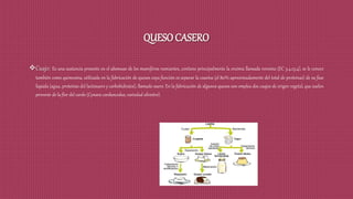 QUESO CASERO
Cuajo: Es una sustancia presente en el abomaso de los mamíferos rumiantes, contiene principalmente la enzima llamada rennina (EC 3.4.23.4), se le conoce
también como quimosina, utilizada en la fabricación de quesos cuya función es separar la caseína (el 80% aproximadamente del total de proteínas) de su fase
líquida (agua, proteínas del lactosuero y carbohidratos), llamado suero. En la fabricación de algunos quesos son emplea dos cuajos de origen vegetal, que suelen
provenir de la flor del cardo (Cynara cardunculus, variedad silvestre).
 