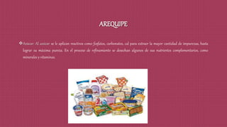 AREQUIPE
Azúcar: Al azúcar se le aplican reactivos como fosfatos, carbonatos, cal para extraer la mayor cantidad de impurezas, hasta
lograr su máxima pureza. En el proceso de refinamiento se desechan algunos de sus nutrientes complementarios, como
minerales y vitaminas.
 