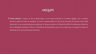 AREQUIPE
 Enzima (lactasa): La lactasa, un tipo de galactosidasa, es una enzima producida en el intestino delgado y que se sintetiza
durante la infancia de todos los mamíferos. Su acción es imprescindible en el proceso de conversión de la lactosa, azúcar doble
(disacárido), en sus componentes glucosa y galactosa. La lactasa se produce en el borde de cepillo de las células que recubren las
micro vellosidades intestinales. Pertenece a la familia de las disacaridasas, que son las enzimas que se encargan de romper los
disacáridos en los monosacáridos que los forman.
 
