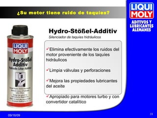¿Su motor tiene ruido de taquíes? Hydro-Stößel-Additiv Silenciador de taquíes hidráulicos Elimina efectivamente los ruidos del motor proveniente de los taquíes hidráulicos Limpia válvulas y perforaciones Mejora las propiedades lubricantes del aceite Apropiado para motores turbo y con convertidor catalítico 
