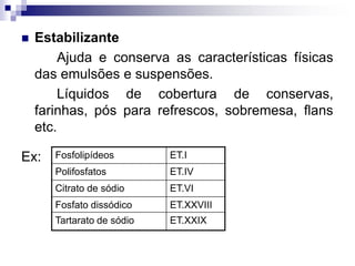  Estabilizante
Ajuda e conserva as características físicas
das emulsões e suspensões.
Líquidos de cobertura de conservas,
farinhas, pós para refrescos, sobremesa, flans
etc.
Ex: Fosfolipídeos ET.I
Polifosfatos ET.IV
Citrato de sódio ET.VI
Fosfato dissódico ET.XXVIII
Tartarato de sódio ET.XXIX
 