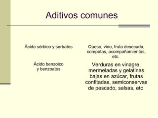 Aditivos comunes


Ácido sórbico y sorbatos    Queso, vino, fruta desecada,
                           compotas, acompañamientos,
                                       etc.
    Ácido benzoico            Verduras en vinagre,
     y benzoatos            mermeladas y gelatinas
                             bajas en azúcar, frutas
                           confitadas, semiconservas
                            de pescado, salsas, etc
 