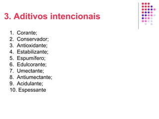 3. Aditivos intencionais
1. Corante;
2. Conservador;
3. Antioxidante;
4. Estabilizante;
5. Espumífero;
6. Edulcorante;
7. Umectante;
8. Antiumectante;
9. Acidulante;
10. Espessante
 
