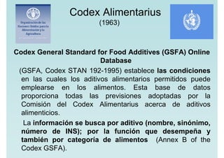 Codex Alimentarius
(1963)
Codex General Standard for Food Additives (GSFA) Online
Database
(GSFA, Codex STAN 192-1995) establece las condiciones
en las cuales los aditivos alimentarios permitidos puede
emplearse en los alimentos. Esta base de datos
proporciona todas las previsiones adoptadas por la
Comisión del Codex Alimentarius acerca de aditivos
alimenticios.
La información se busca por aditivo (nombre, sinónimo,
número de INS); por la función que desempeña y
también por categoría de alimentos (Annex B of the
Codex GSFA).
 