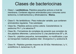 Clases de bacteriocinas
• Clase I.- Lantibióticos. Péptidos pequeños activos a nivel de
membrana. Contienen algunos aminoácidos poco comunes como
lantionina, b-metil-lantionina y dihidroalanina : Nisina.
• Clase II.- No lantibióticos.- Peso molecular variable, que contienen
aminoácidos regulares. Tres subclases:
• Clase IIa.- Péptidos activos contra Listeria. Característicos: la
pediocina PA-1 y la sakacina P.
• Clase IIb.- Formadores de complejos de poración que consisten de
dos péptidos diferentes. Lactococcina G y las plantaricinas EF y JK.
• Clase IIc.- péptidos pequeños, termoestables, no modificados y que
se transportan mediante péptidos líder. Divergicina A y acidocina B.
• Clase III.- Péptidos grandes mayores de 30 kDa: Helveticinas J y V,
acidofilicina A, lactacinas A y B.
 