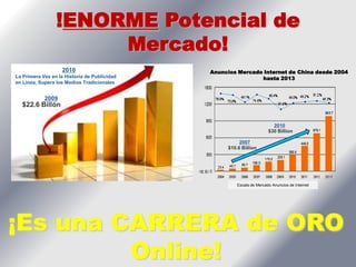 !ENORME Potencial de
                      Mercado!
                   2010                       Anuncios Mercado Internet de China desde 2004
La Primera Vez en la Historia de Publicidad                   hasta 2013
en Línea, Supera los Medios Tradicionales


            2009
  $22.6 Billón

                                                                         2010
                                                                       $30 Billion

                                                        2007
                                                   $10.6 Billion




                                                       Escala de Mercado Anuncios de Internet




¡Es una CARRERA de ORO
         Online!
 