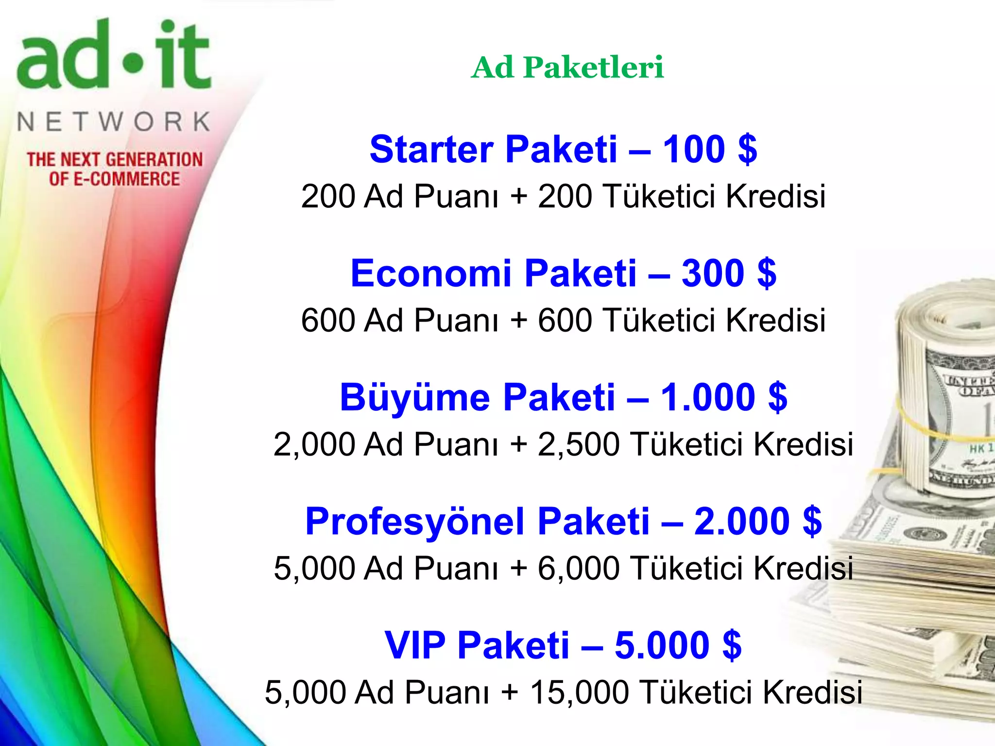 Ad Paketleri

      Starter Paketi – 100 $
  200 Ad Puanı + 200 Tüketici Kredisi

     Economi Paketi – 300 $
  600 Ad Puanı + 600 Tüketici Kredisi

    Büyüme Paketi – 1.000 $
2,000 Ad Puanı + 2,500 Tüketici Kredisi

  Profesyönel Paketi – 2.000 $
5,000 Ad Puanı + 6,000 Tüketici Kredisi

        VIP Paketi – 5.000 $
5,000 Ad Puanı + 15,000 Tüketici Kredisi
 