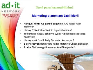 Nasıl para kazanabilirim?

           Marketing planımızın özellikleri!

•   Her gün, kendi Ad paketi değerinin %70 kadar nakit
    indirimler!
•   Her ay, Tüketici kredilerinin ikiye katlanması!
•   10 derinliğe kadar, esnaf ve üyeler Ad paketleri satışında
    kazançlar!
•   Her ay, aylık özel Infinity Bonusları kazançları!
•   8 generasyon derinliklere kadar Matching Check Bonusları!
•   Araba, Tatil ve eşya kazanma kualifikasyonları!
 