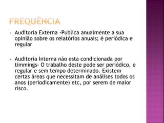 • Auditoria Externa -Publica anualmente a sua
opinião sobre os relatórios anuais; é periódica e
regular
• Auditoria Interna não esta condicionada por
timmings- O trabalho deste pode ser periódico, e
regular e sem tempo determinado. Existem
certas áreas que necessitam de análises todos os
anos (periodicamente) etc, por serem de maior
risco.
 
