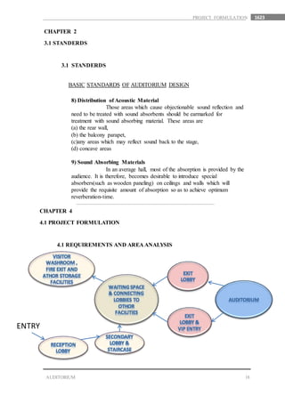 1623
18AUDITORIUM
PROJECT FORMULATION
CHAPTER 2
3.1 STANDERDS
3.1 STANDERDS
BASIC STANDARDS OF AUDITORIUM DESIGN
8) Distribution of Acoustic Material
Those areas which cause objectionable sound reflection and
need to be treated with sound absorbents should be earmarked for
treatment with sound absorbing material. These areas are
(a) the rear wall,
(b) the balcony parapet,
(c)any areas which may reflect sound back to the stage,
(d) concave areas
9) Sound Absorbing Materials
In an average hall, most of the absorption is provided by the
audience. It is therefore, becomes desirable to introduce special
absorbers(such as wooden paneling) on ceilings and walls which will
provide the requisite amount of absorption so as to achieve optimum
reverberation-time.
CHAPTER 4
4.1 PROJECT FORMULATION
4.1 REQUIREMENTS AND AREA ANALYSIS
ENTRY
 