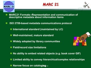 Page 9 
MARC21 Formats--Representation and communication of descriptive metadata about information items 
ISO 2709-based metadata communications protocol 
International standard (maintained by LC) 
Well-maintained, mature standard 
Widely adopted by library communities 
Field/record size limitations 
No ability to embed related objects (e.g. book cover GIF) 
Limited ability to convey hierarchical/complex relationships 
Narrow focus on cataloging  