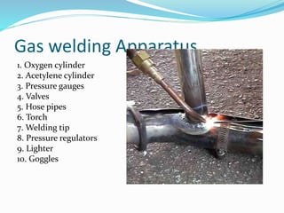 Gas welding Apparatus
1. Oxygen cylinder
2. Acetylene cylinder
3. Pressure gauges
4. Valves
5. Hose pipes
6. Torch
7. Welding tip
8. Pressure regulators
9. Lighter
10. Goggles
 