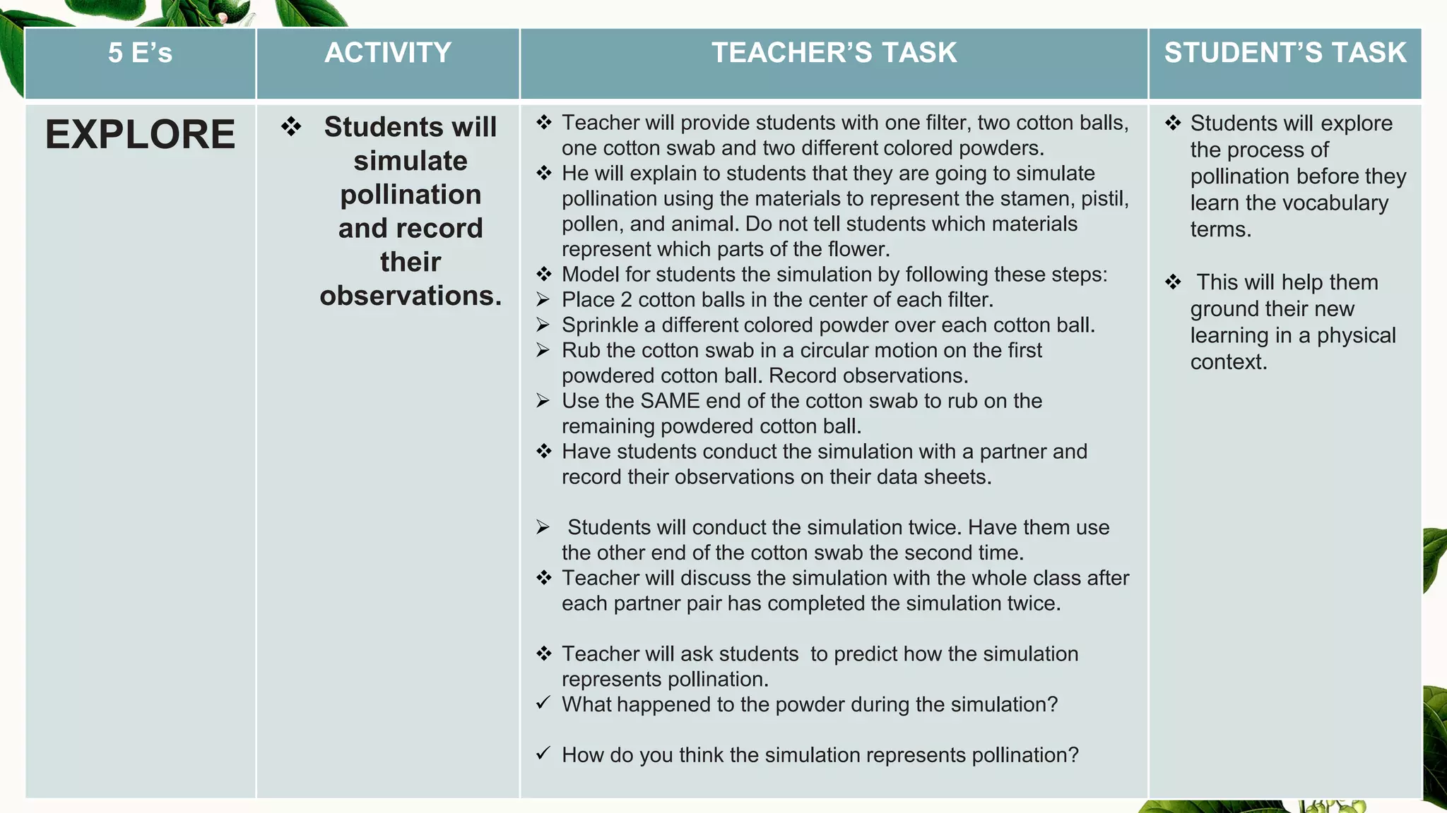 5 E’s ACTIVITY TEACHER’S TASK STUDENT’S TASK
EXPLORE ❖ Students will
simulate
pollination
and record
their
observations.
❖ Teacher will provide students with one filter, two cotton balls,
one cotton swab and two different colored powders.
❖ He will explain to students that they are going to simulate
pollination using the materials to represent the stamen, pistil,
pollen, and animal. Do not tell students which materials
represent which parts of the flower.
❖ Model for students the simulation by following these steps:
➢ Place 2 cotton balls in the center of each filter.
➢ Sprinkle a different colored powder over each cotton ball.
➢ Rub the cotton swab in a circular motion on the first
powdered cotton ball. Record observations.
➢ Use the SAME end of the cotton swab to rub on the
remaining powdered cotton ball.
❖ Have students conduct the simulation with a partner and
record their observations on their data sheets.
➢ Students will conduct the simulation twice. Have them use
the other end of the cotton swab the second time.
❖ Teacher will discuss the simulation with the whole class after
each partner pair has completed the simulation twice.
❖ Teacher will ask students to predict how the simulation
represents pollination.
✓ What happened to the powder during the simulation?
✓ How do you think the simulation represents pollination?
❖ Students will explore
the process of
pollination before they
learn the vocabulary
terms.
❖ This will help them
ground their new
learning in a physical
context.
 