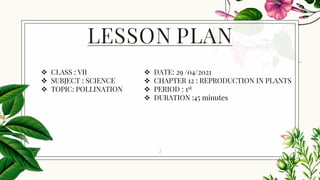 2
LESSON PLAN
❖ CLASS : VII
❖ SUBJECT : SCIENCE
❖ TOPIC: POLLINATION
❖ DATE: 29 /04/2021
❖ CHAPTER 12 : REPRODUCTION IN PLANTS
❖ PERIOD : 1st
❖ DURATION :45 minutes
 