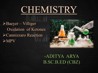 CHEMISTRY
-ADITYA ARYA
B.SC.B.ED (CBZ)
Baeyer – Villiger
Oxidation of Ketones
Cannizzaro Reaction
MPV
 