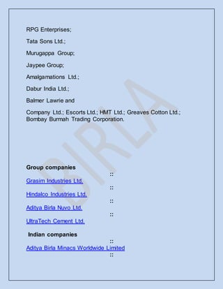 RPG Enterprises;
Tata Sons Ltd.;
Murugappa Group;
Jaypee Group;
Amalgamations Ltd.;
Dabur India Ltd.;
Balmer Lawrie and
Company Ltd.; Escorts Ltd.; HMT Ltd.; Greaves Cotton Ltd.;
Bombay Burmah Trading Corporation.
Group companies
::
Grasim Industries Ltd.
::
Hindalco Industries Ltd.
::
Aditya Birla Nuvo Ltd.
::
UltraTech Cement Ltd.
Indian companies
::
Aditya Birla Minacs Worldwide Limited
::
 
