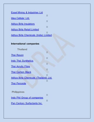 Essel Mining & Industries Ltd
::
Idea Cellular Ltd.
::
Aditya Birla Insulators
::
Aditya Birla Retail Limited
::
Aditya Birla Chemicals (India) Limited
International companies
Thailand
::
Thai Rayon
::
Indo Thai Synthetics
::
Thai Acrylic Fibre
::
Thai Carbon Black
::
Aditya Birla Chemicals (Thailand) Ltd.
::
Thai Peroxide
Philippines
::
Indo Phil Group of companies
::
Pan Century Surfactants Inc.
 