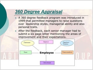 360 Degree Appraisal
   A 360 degree feedback program was introduced in
    1999 that permitted managers to raise questions
    over leadership styles, managerial ability and also
    personal traits.
   After the feedback, each senior manager had to
    submit a six page letter mentioning the areas of
    improvement and their expectations.




                    Employee
 