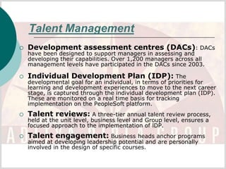 Talent Management
   Development assessment centres (DACs): DACs
    have been designed to support managers in assessing and
    developing their capabilities. Over 1,200 managers across all
    management levels have participated in the DACs since 2003.

   Individual Development Plan (IDP): The
    developmental goal for an individual, in terms of priorities for
    learning and development experiences to move to the next career
    stage, is captured through the individual development plan (IDP).
    These are monitored on a real time basis for tracking
    implementation on the PeopleSoft platform.
   Talent reviews: A three-tier annual talent review process,
    held at the unit level, business level and Group level, ensures a
    focused approach to the implementation of lDP.
   Talent engagement: Business heads anchor programs
    aimed at developing leadership potential and are personally
    involved in the design of specific courses.
 