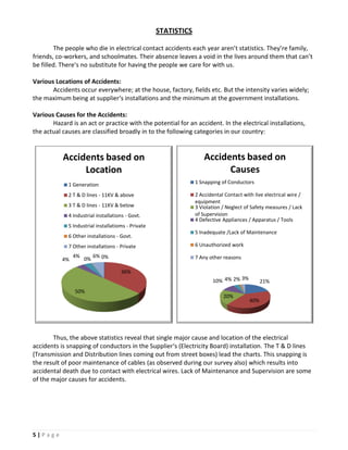 STATISTICS

        The people who die in electrical contact accidents each year aren’t statistics. They’re family,
friends, co-workers, and schoolmates. Their absence leaves a void in the lives around them that can’t
be filled. There’s no substitute for having the people we care for with us.

Various Locations of Accidents:
       Accidents occur everywhere; at the house, factory, fields etc. But the intensity varies widely;
the maximum being at supplier‘s installations and the minimum at the government installations.

Various Causes for the Accidents:
       Hazard is an act or practice with the potential for an accident. In the electrical installations,
the actual causes are classified broadly in to the following categories in our country:


           Accidents based on                                        Accidents based on
                Location                                                   Causes
             1 Generation                                        1 Snapping of Conductors

             2 T & D lines - 11KV & above                        2 Accidental Contact with live electrical wire /
                                                                 equipment
             3 T & D lines - 11KV & below                        3 Violation / Neglect of Safety measures / Lack
             4 Industrial installations - Govt.                  of Supervision
                                                                 4 Defective Appliances / Apparatus / Tools
             5 Industrial installatioms - Private
                                                                 5 Inadequate /Lack of Maintenance
             6 Other installations - Govt.
             7 Other installations - Private                     6 Unauthorized work
                4%        6% 0%                                  7 Any other reasons
           4%        0%

                                     36%
                                                                        10% 4% 2% 3%           21%
                50%
                                                                             20%
                                                                                         40%




       Thus, the above statistics reveal that single major cause and location of the electrical
accidents is snapping of conductors in the Supplier‘s (Electricity Board) installation. The T & D lines
(Transmission and Distribution lines coming out from street boxes) lead the charts. This snapping is
the result of poor maintenance of cables (as observed during our survey also) which results into
accidental death due to contact with electrical wires. Lack of Maintenance and Supervision are some
of the major causes for accidents.




5|Page
 