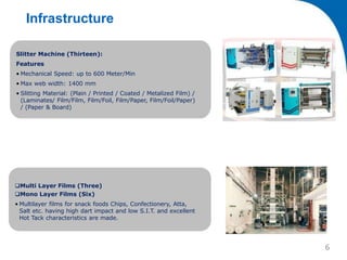 Multi Layer Films (Three)
Mono Layer Films (Six)
• Multilayer films for snack foods Chips, Confectionery, Atta,
Salt etc. having high dart impact and low S.I.T. and excellent
Hot Tack characteristics are made.
Slitter Machine (Thirteen):
Features
• Mechanical Speed: up to 600 Meter/Min
• Max web width: 1400 mm
• Slitting Material: (Plain / Printed / Coated / Metalized Film) /
(Laminates/ Film/Film, Film/Foil, Film/Paper, Film/Foil/Paper)
/ (Paper & Board)
Infrastructure
6
 