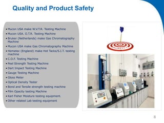 Quality and Product Safety
• Mucon USA make W.V.T.R. Testing Machine
• Mucon USA. O.T.R. Testing Machine
• Bruker (Netherlands) make Gas Chromatography
Machine
• Mucon USA make Gas Chromatography Machine
• Hemetec (England) make Hot Tacks/S.I.T. testing
machine
• C.O.F. Testing Machine
• Peel Strength Testing Machine
• Dart Impact Testing Machine
• Gauge Testing Machine
• Gloss Meter
• Optical Density Tester
• Bond and Tensile strength testing machine
• Film Opacity testing Machine
• Karl Fisher Moisture testing equipment.
• Other related Lab testing equipment
8
 