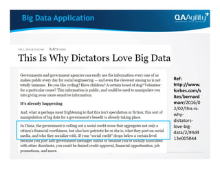 Ref:
http://www.
Big Data Application
http://www.
forbes.com/s
ites/bernard
marr/2016/0
2/02/this-is-
why-
dictators-
love-big-
data/2/#4d4
13e005844
 