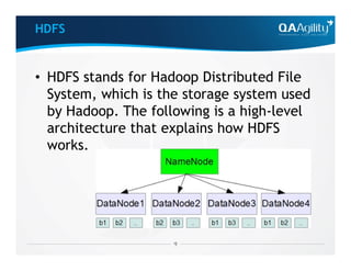 HDFS
• HDFS stands for Hadoop Distributed File
System, which is the storage system used
by Hadoop. The following is a high-level
architecture that explains how HDFSarchitecture that explains how HDFS
works.
 