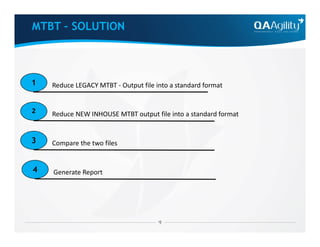 MTBT – SOLUTION
1 Reduce LEGACY MTBT - Output file into a standard format
2 Reduce NEW INHOUSE MTBT output file into a standard format
3 Compare the two files
4 Generate Report
 