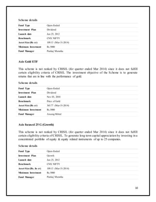 Scheme details 
Fund Type Open-Ended 
Investment Plan Dividend 
Launch date Jun 25, 2012 
Benchmark CNX NIFTY 
Asset Size (Rs cr) 109.13 (Mar-31-2014) 
Minimum Investment Rs.5000 
Fund Manager Pankaj Murarka 
Axis Gold ETF 
This scheme is not ranked by CRISIL (for quarter ended Mar 2014) since it does not fulfill 
certain eligibility criteria of CRISIL The investment objective of the Scheme is to generate 
returns that are in line with the performance of gold. 
Scheme details 
Fund Type Open-Ended 
Investment Plan Dividend 
Launch date Nov 03, 2010 
Benchmark Price of Gold 
Asset Size (Rs cr) 365.77 (Mar-31-2014) 
Minimum Investment Rs.5000 
Fund Manager Anurag Mittal 
Axis focused 25 G (Growth) 
This scheme is not ranked by CRISIL (for quarter ended Mar 2014) since it does not fulfill 
certain eligibility criteria of CRISIL. To generate long term capital appreciation by investing in a 
concentrated portfolio of equity & equity related instruments of up to 25 companies. 
Scheme details 
Fund Type Open-Ended 
Investment Plan Growth 
Launch date Jun 25, 2012 
Benchmark CNX NIFTY 
Asset Size (Rs. In cr) 109.13 (Mar-31-2014) 
Minimum Investment Rs.5000 
Fund Manager Pankaj Murarka 
10 
 